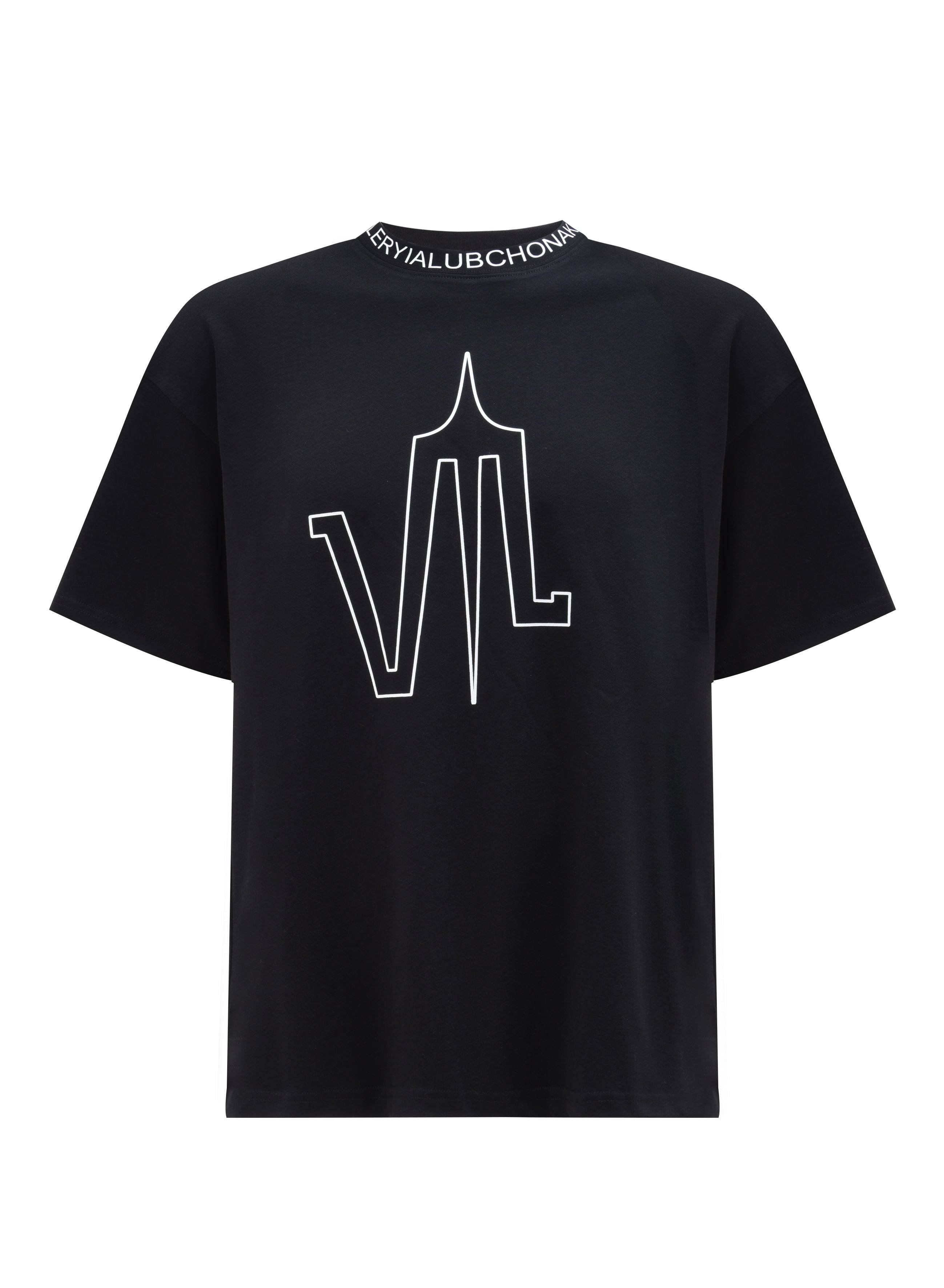 A Black t-shirt, with a printed Lubchonak logo on the front, and the words "Valeryia Lubchonak" spelled all around the neck, viewed from the front.