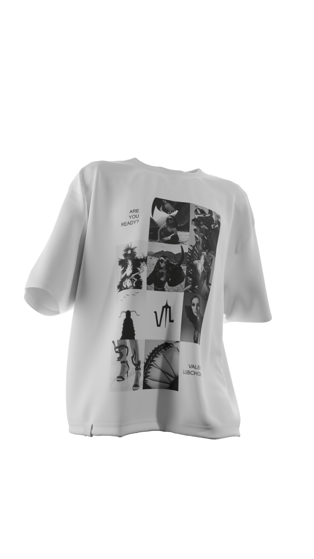 3D Render of a white t-shirt with a print in the front.