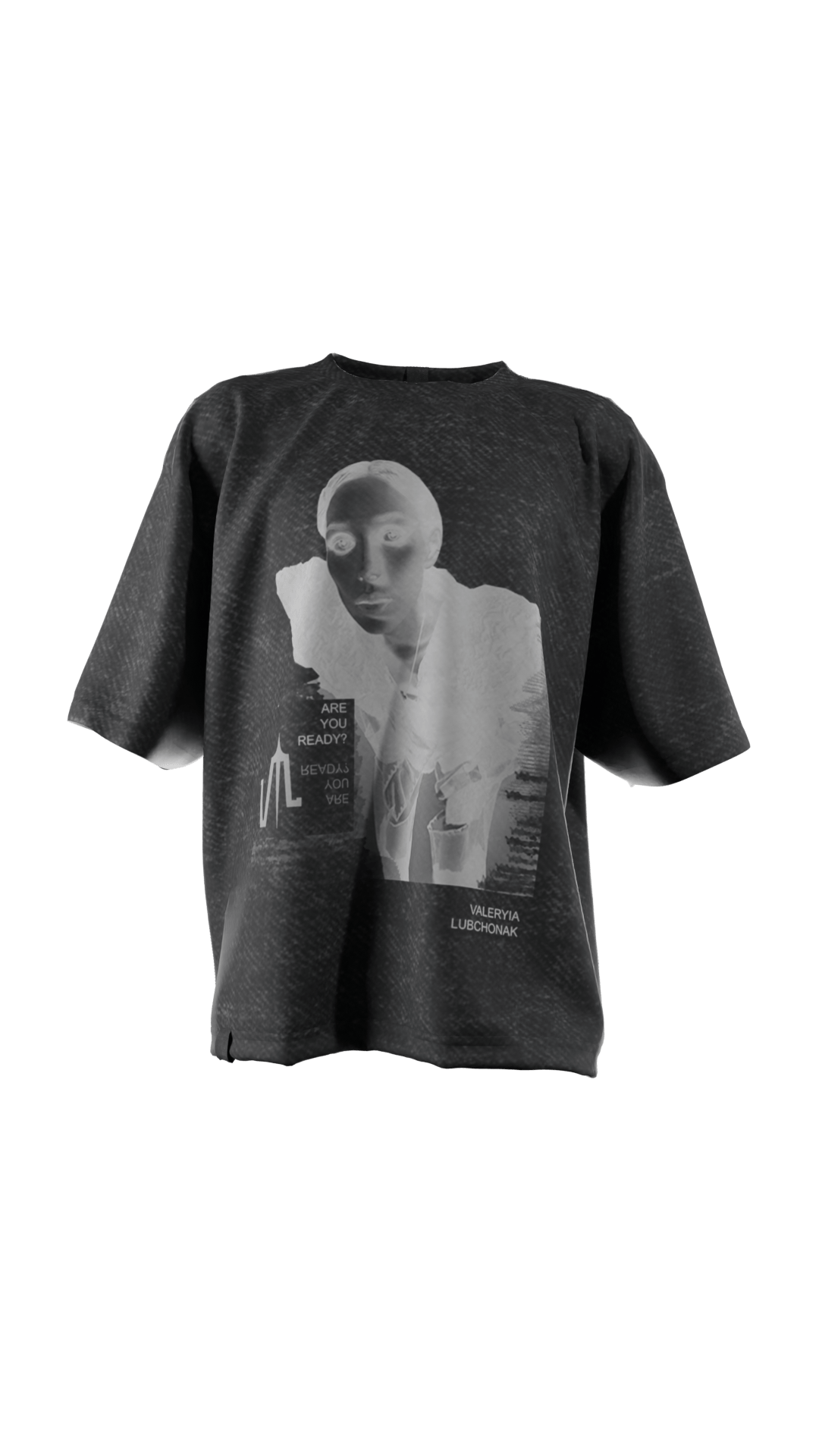 3D Render of a T-Shirt called "Edfe Wash T-Shirt", a black acid wash t-shirt with a print on the front. of a lady in monotone colors and the brand's logo. This t-shirt is printed and very stylish, and streetwear.