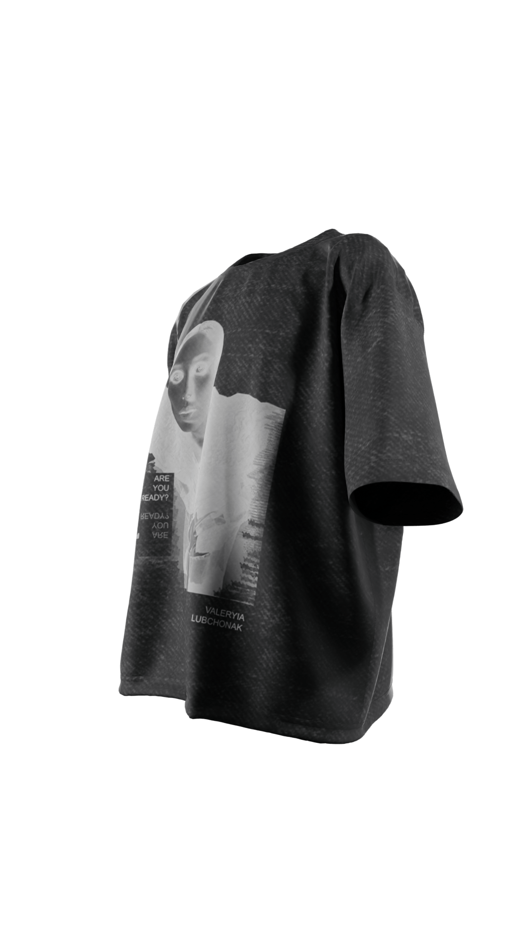 3D Render of a T-Shirt called "Edfe Wash T-Shirt", a black acid wash t-shirt with a print on the front. of a lady in monotone colors and the brand's logo. This t-shirt is printed and very stylish, and streetwear.