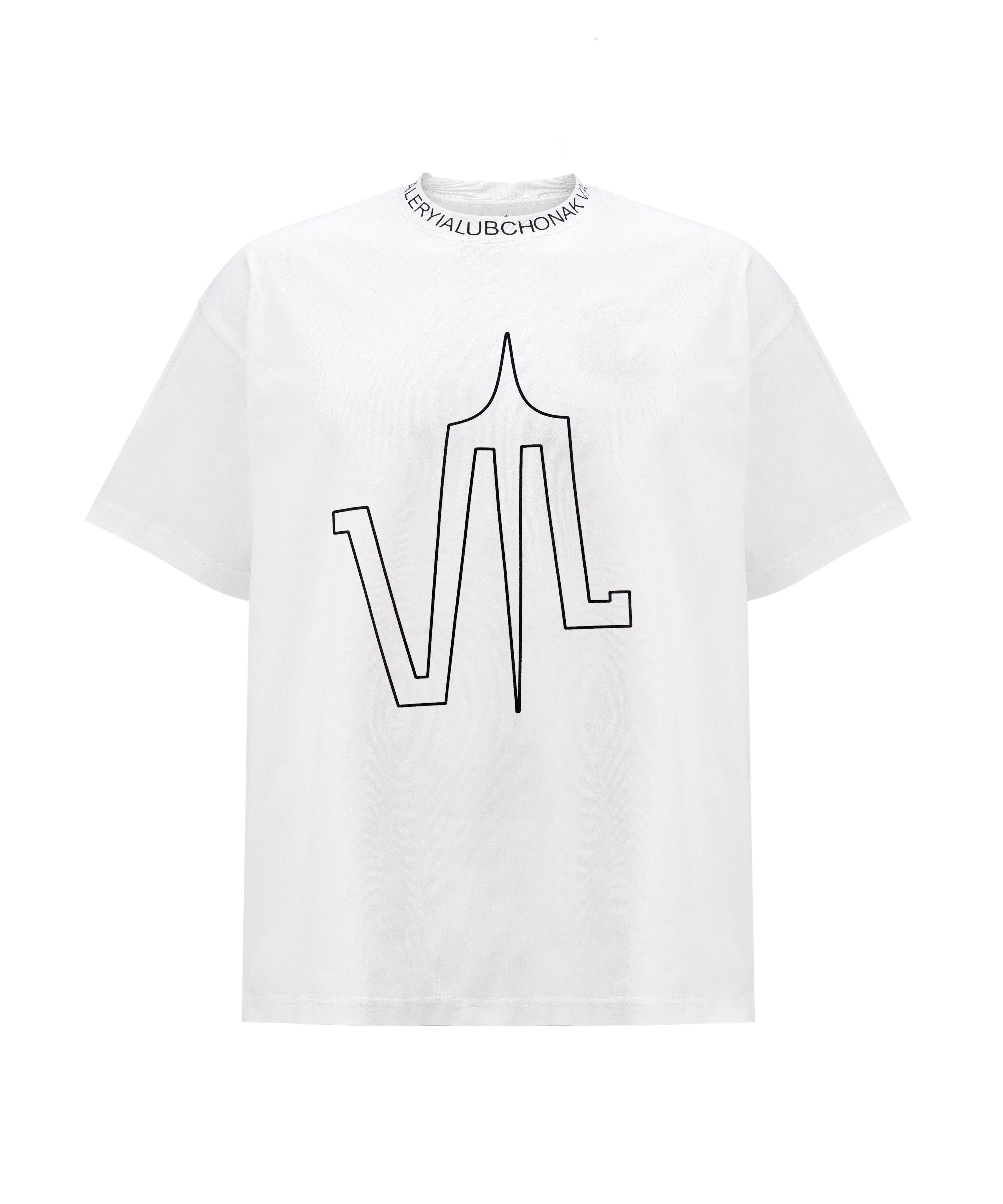 A White t-shirt, with a printed Lubchonak logo on the front, and the words "Valeryia Lubchonak" spelled all around the neck, viewed from the front.