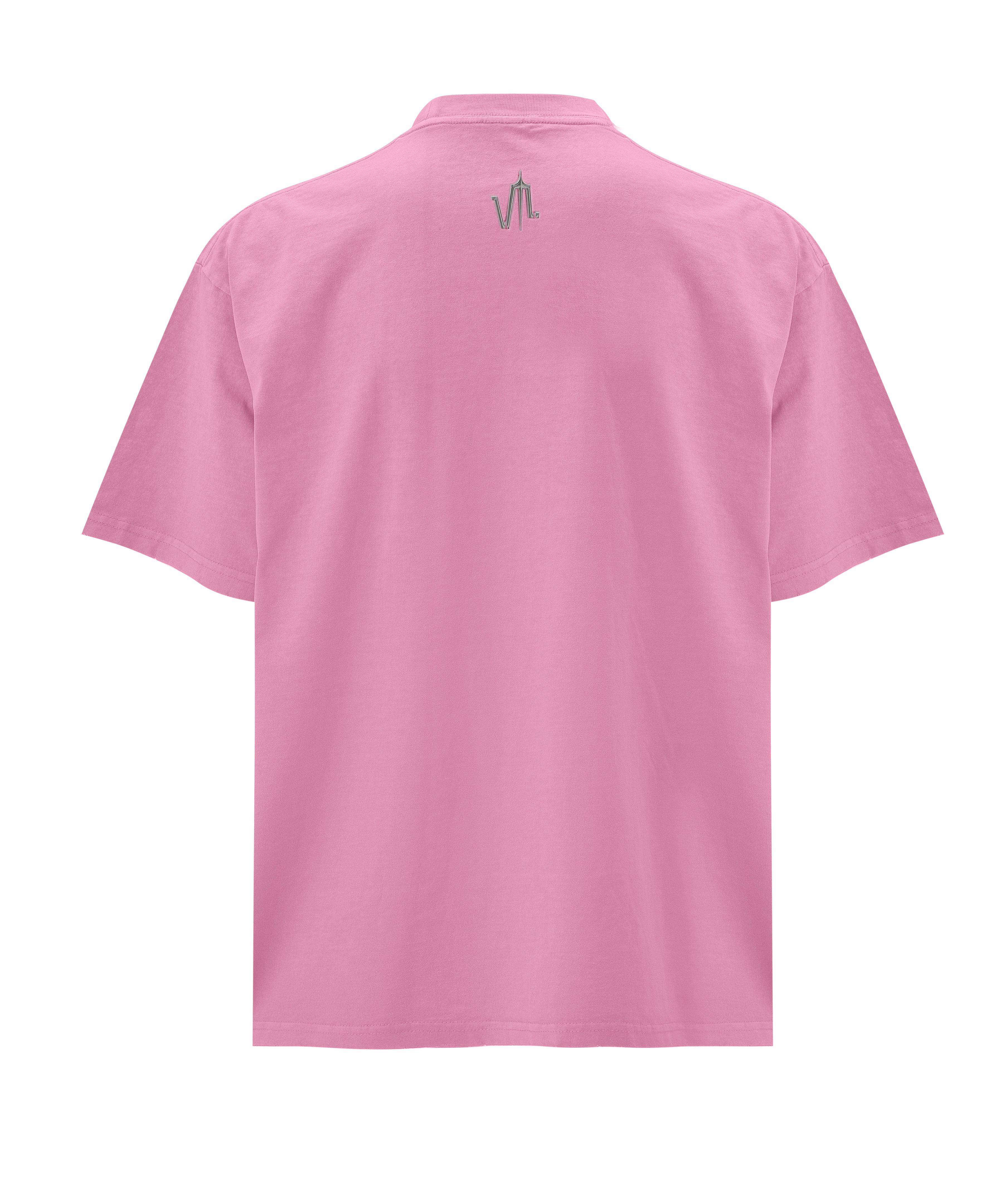 Back of a Pink Wash Acid T-shirt, with a metal logo on the top