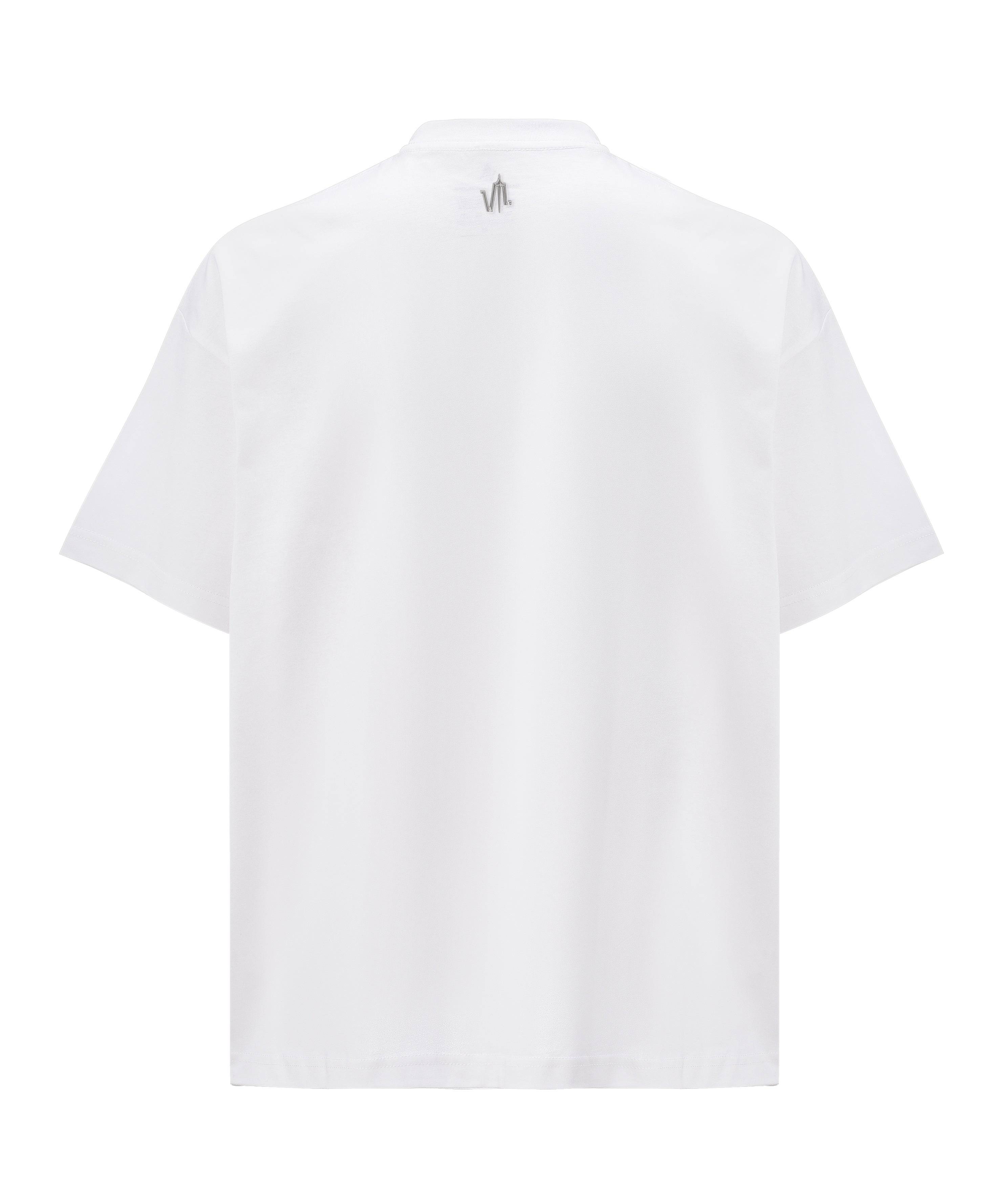 A white colored t-shirt, viewed from the back, with a big print of a photo montage and elements of the brand Valeryia Lubchonak.