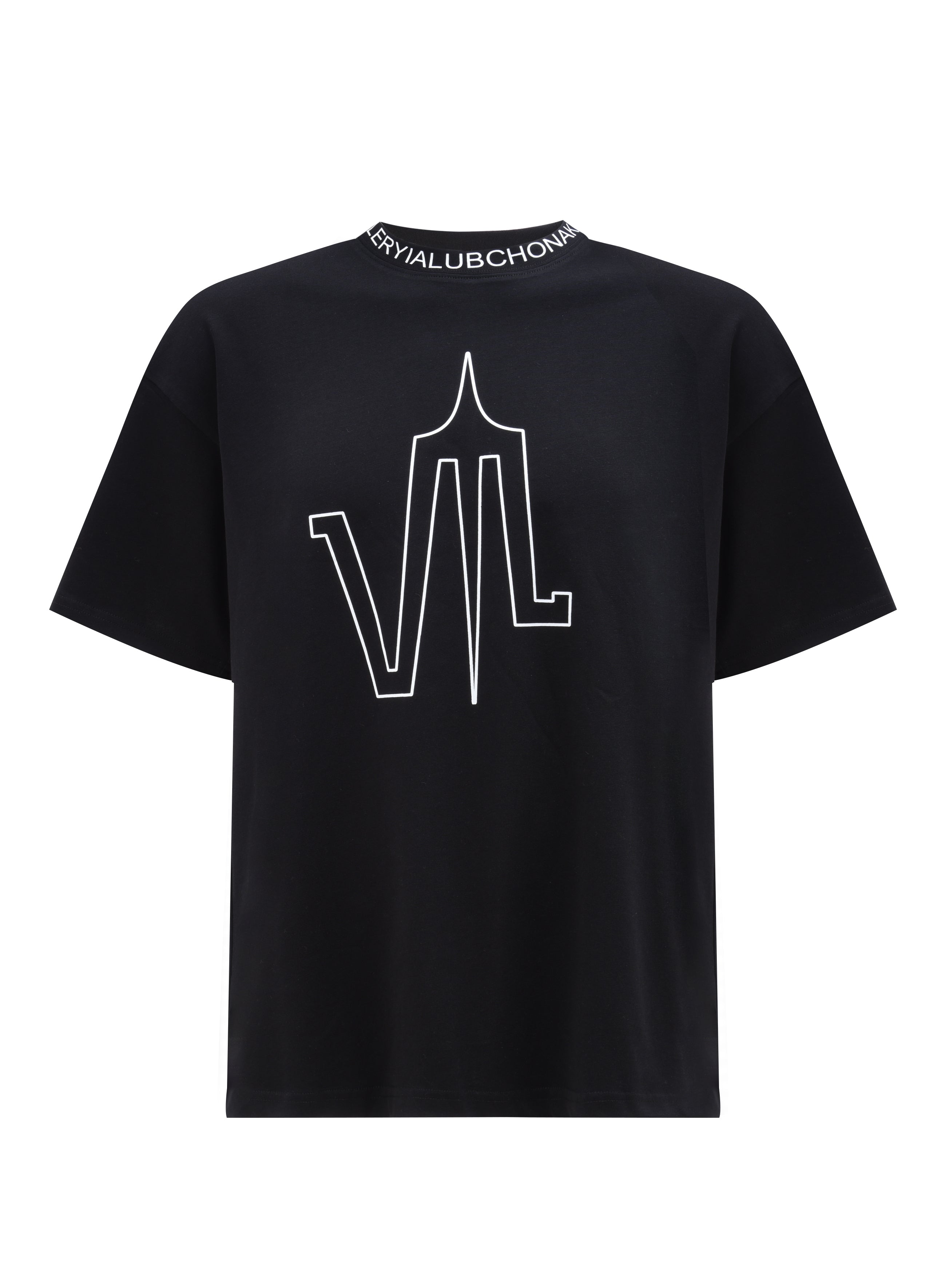 A Black t-shirt, with a printed Lubchonak logo on the front, and the words "Valeryia Lubchonak" spelled all around the neck, viewed from the front. 