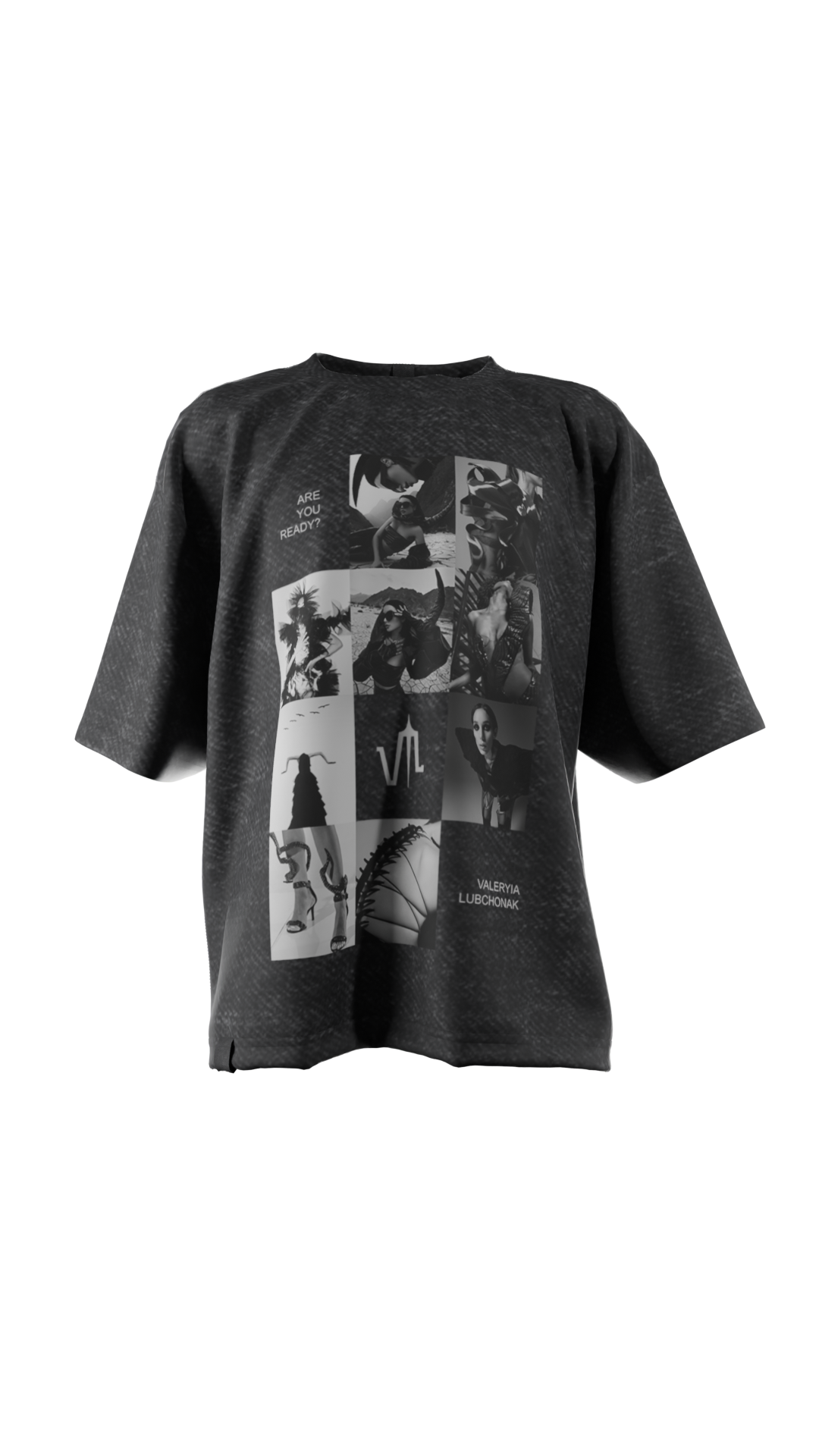 A 3d render of an acid wash black colored t-shirt, viewed from the front, with a big print of a photo montage and elements of the brand Valeryia Lubchonak, viewed from the front.