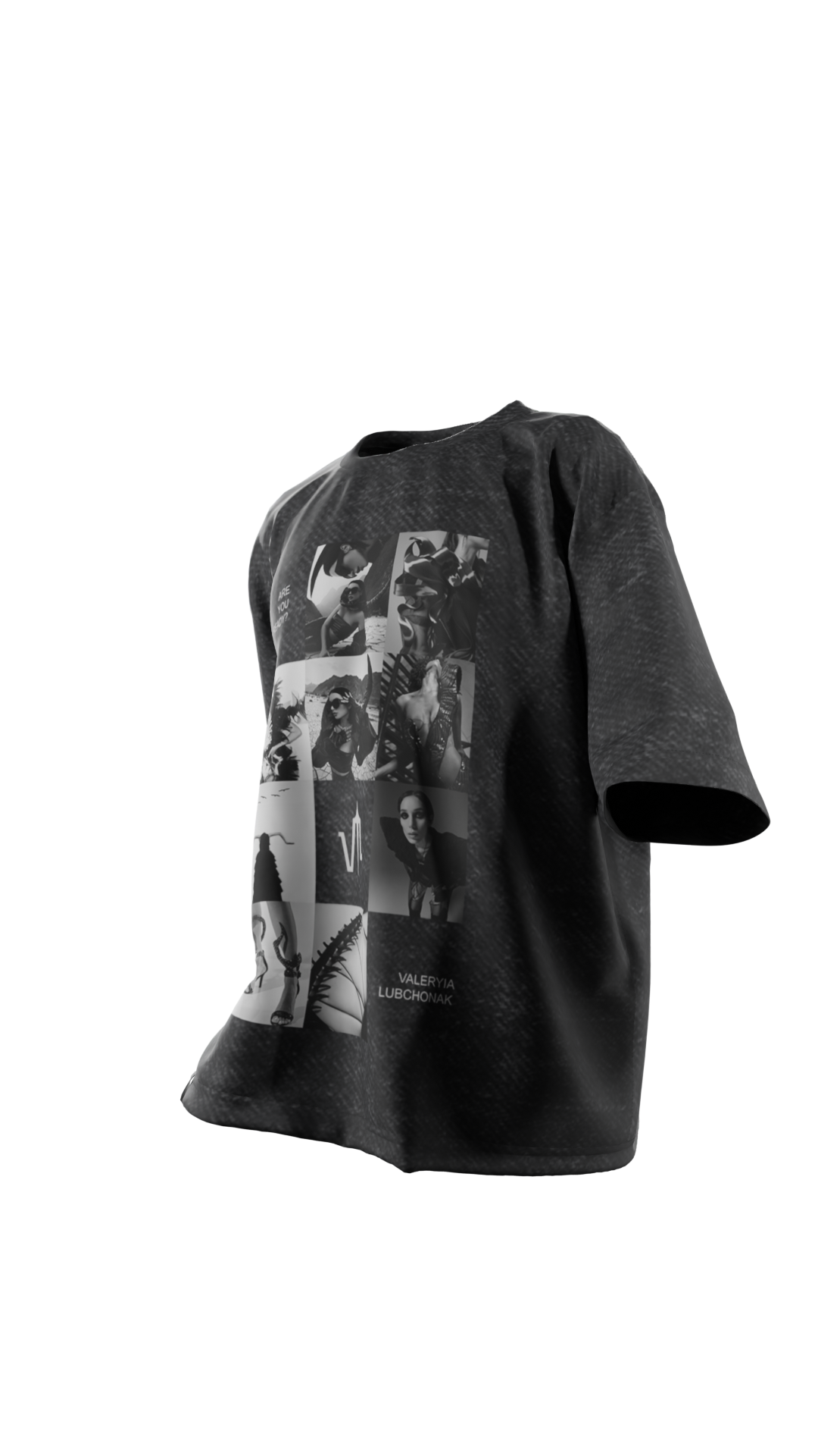 An 3d render of a wash black colored t-shirt, viewed from the front, with a big print of a photo montage and elements of the brand Valeryia Lubchonak, viewed from the front.