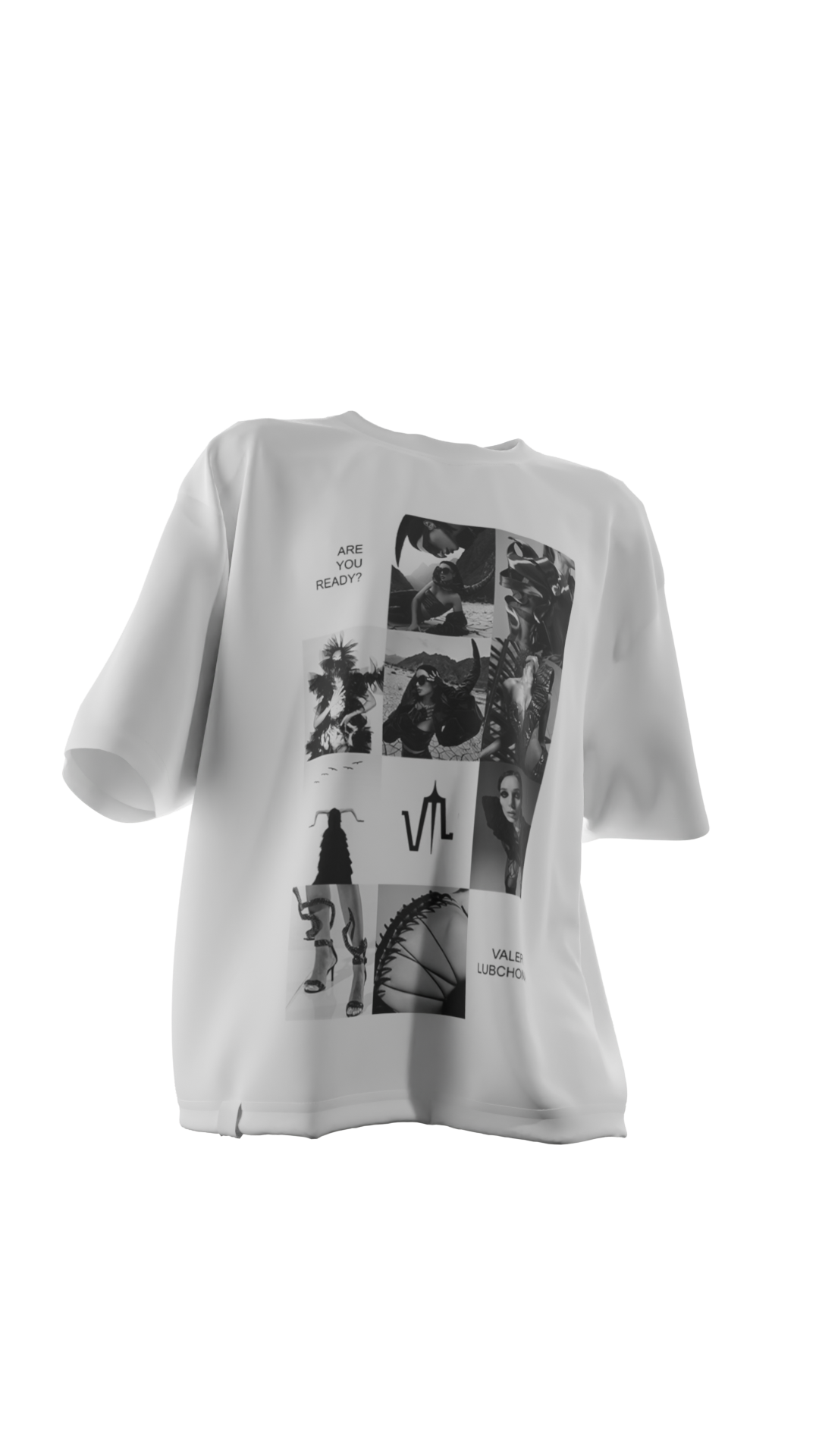 3D Render of a white t-shirt with a print in the front.