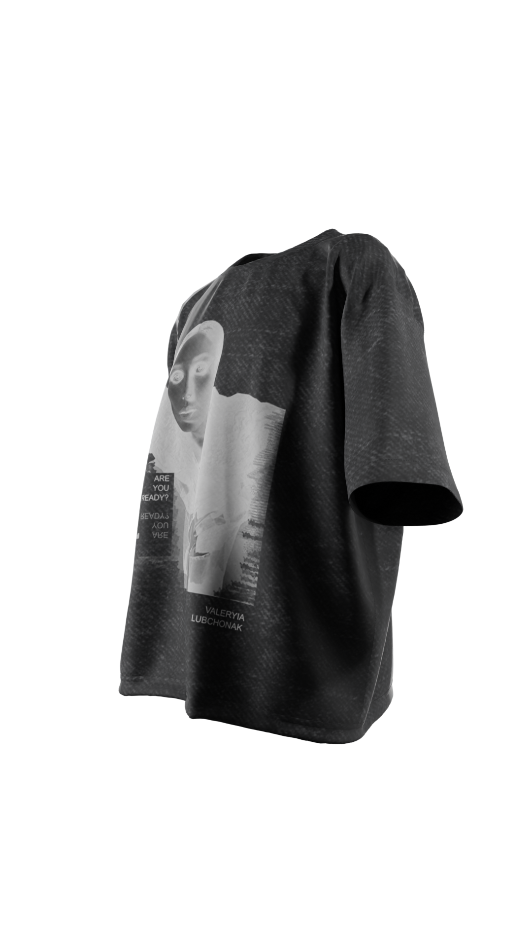 3D Render of a T-Shirt called "Edfe Wash T-Shirt", a black acid wash t-shirt with a print on the front. of a lady in monotone colors and the brand's logo. This t-shirt is printed and very stylish, and streetwear.