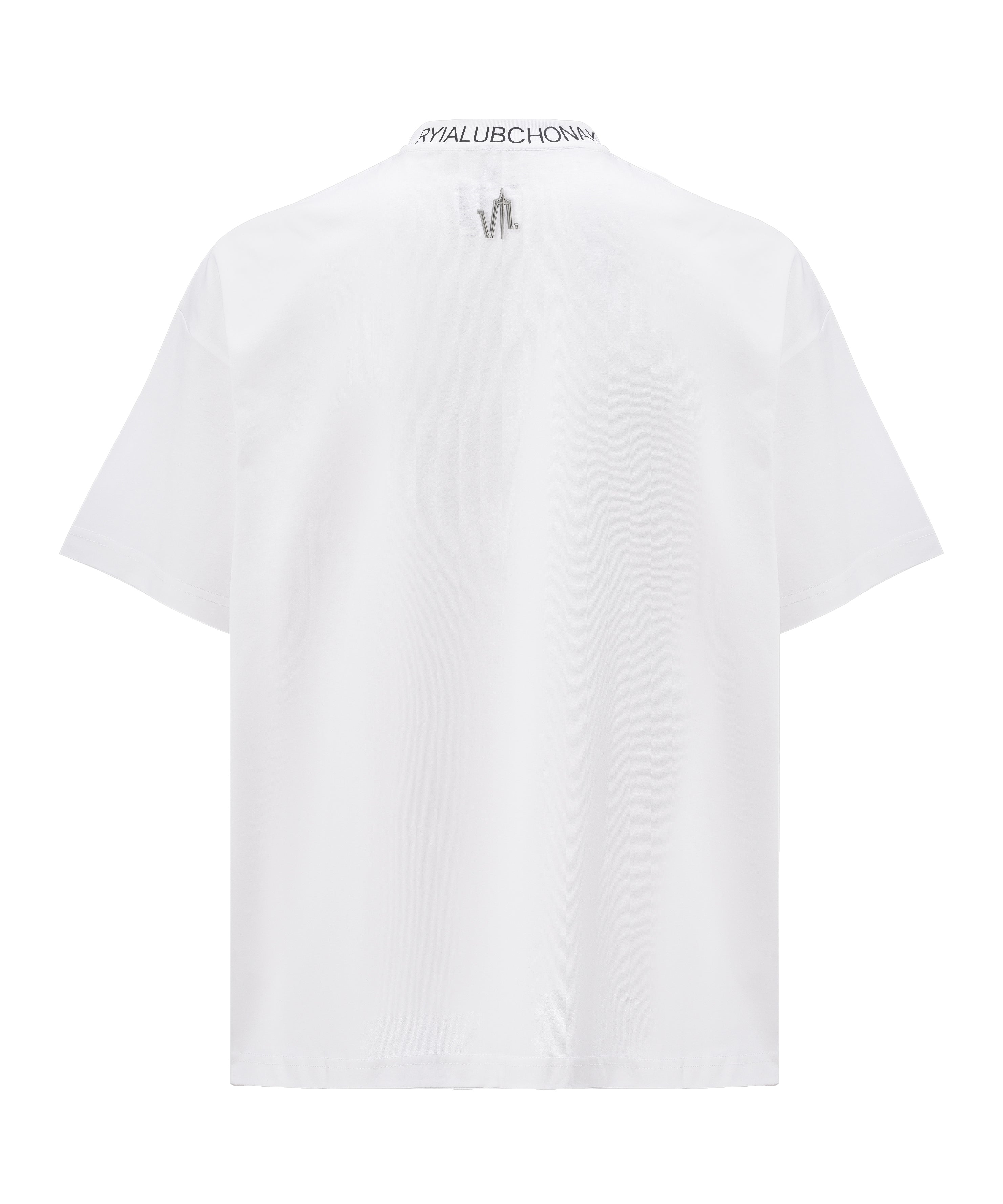 A White t-shirt, with a printed Lubchonak logo on the front, and the words "Valeryia Lubchonak" spelled all around the neck, viewed from the back with a metal logo on the top.