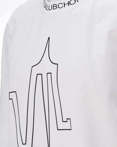 A White t-shirt, with a printed Lubchonak logo on the front, and the words "Valeryia Lubchonak" spelled all around the neck, close-up.