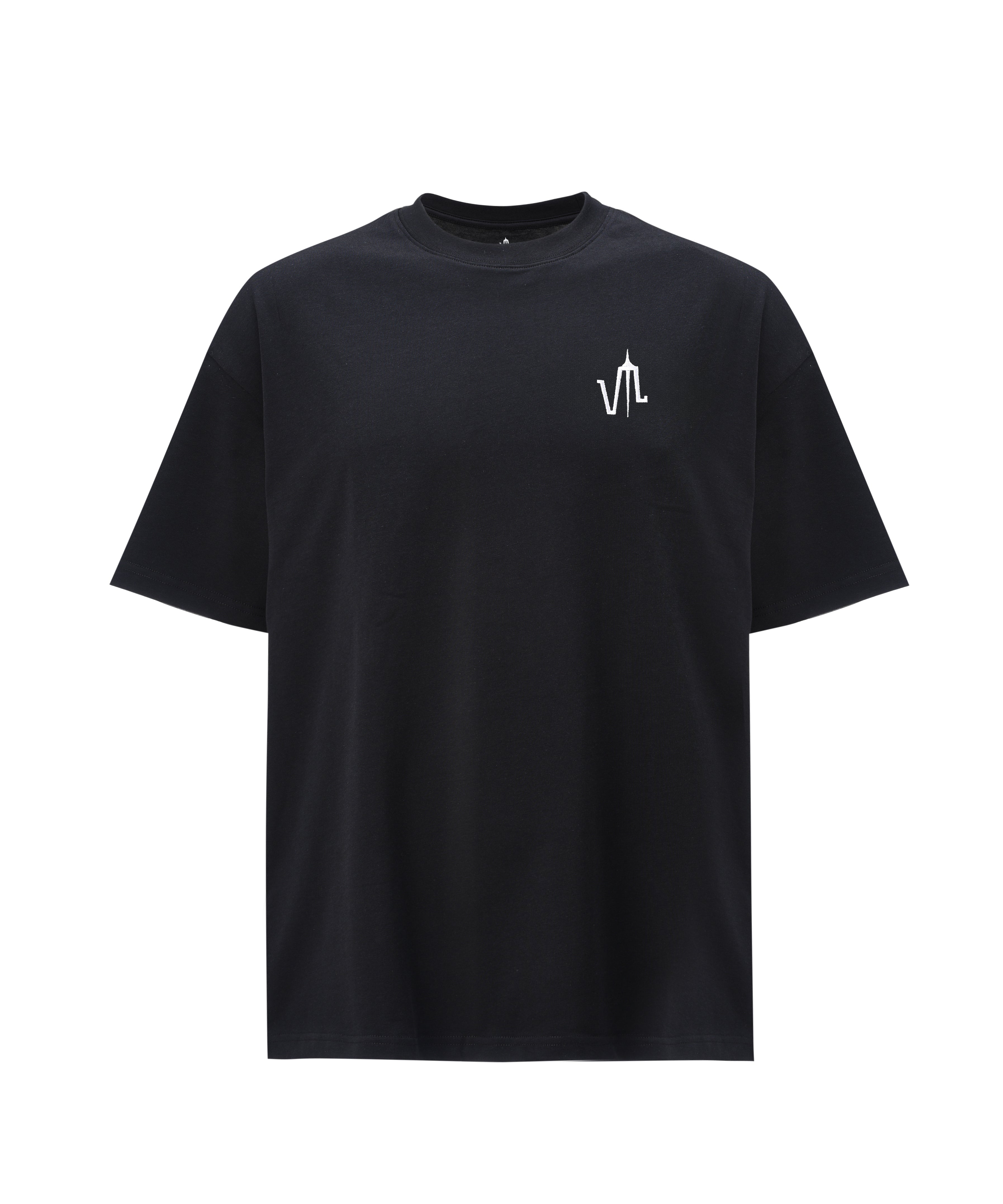 A black t-shirt with the "lubchonak" logo embroidered on the front, front view.