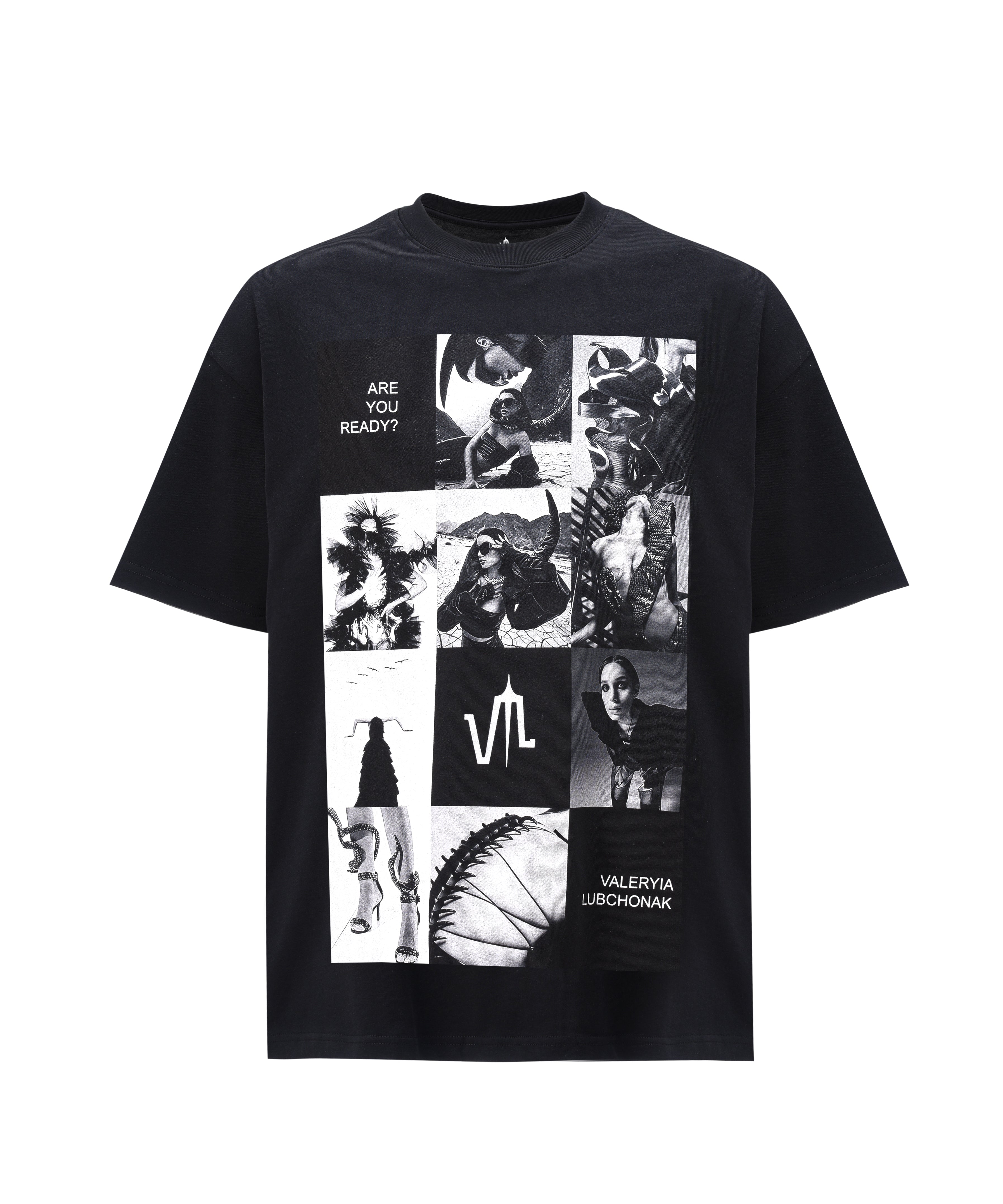 A black t-shirt, viewed from the front, with a big print of a photo montage and elements of the brand Valeryia Lubchonak.