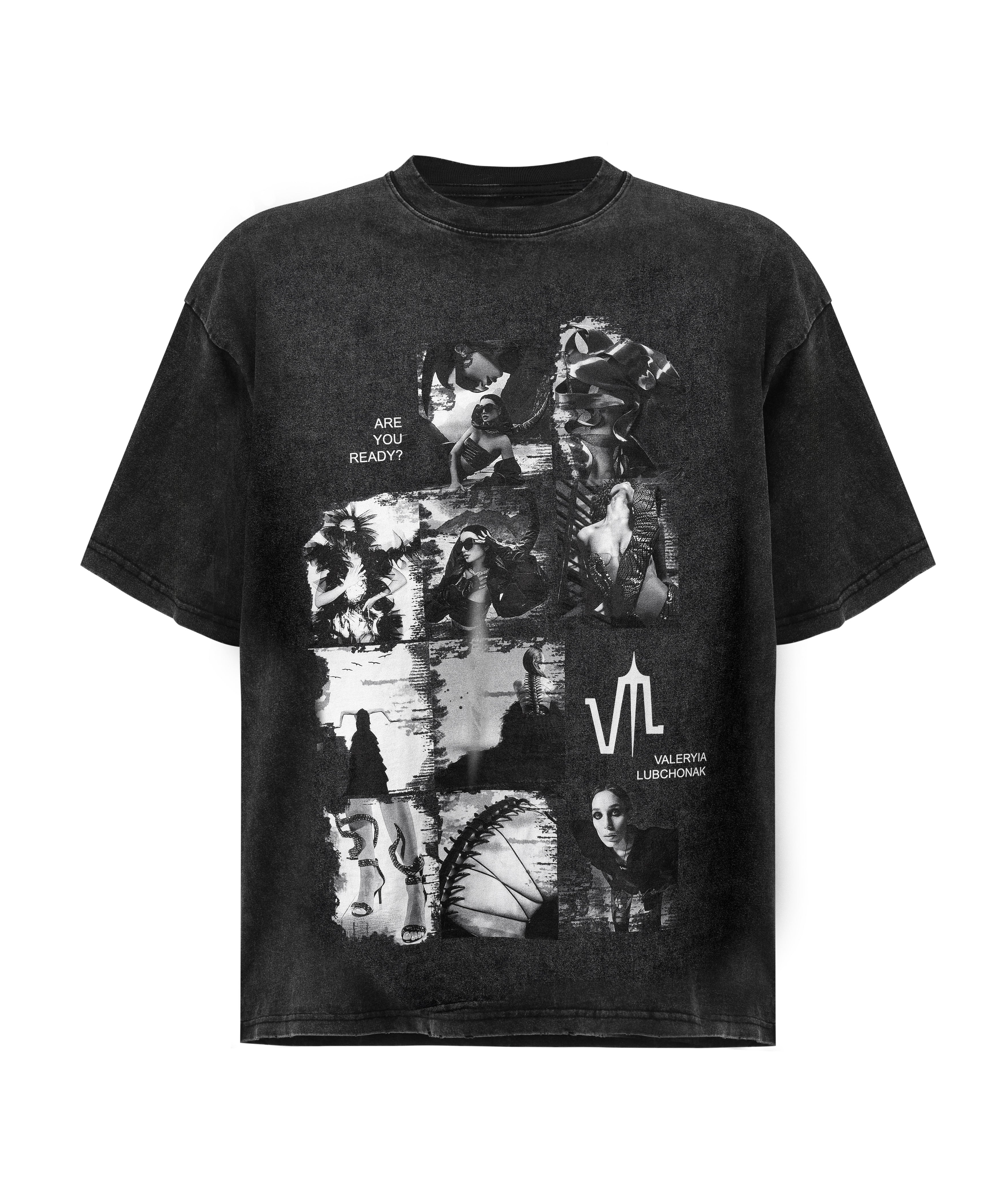 An acid wash black colored t-shirt, viewed from the front, with a big print of a photo montage and elements of the brand Valeryia Lubchonak, viewed from the front.