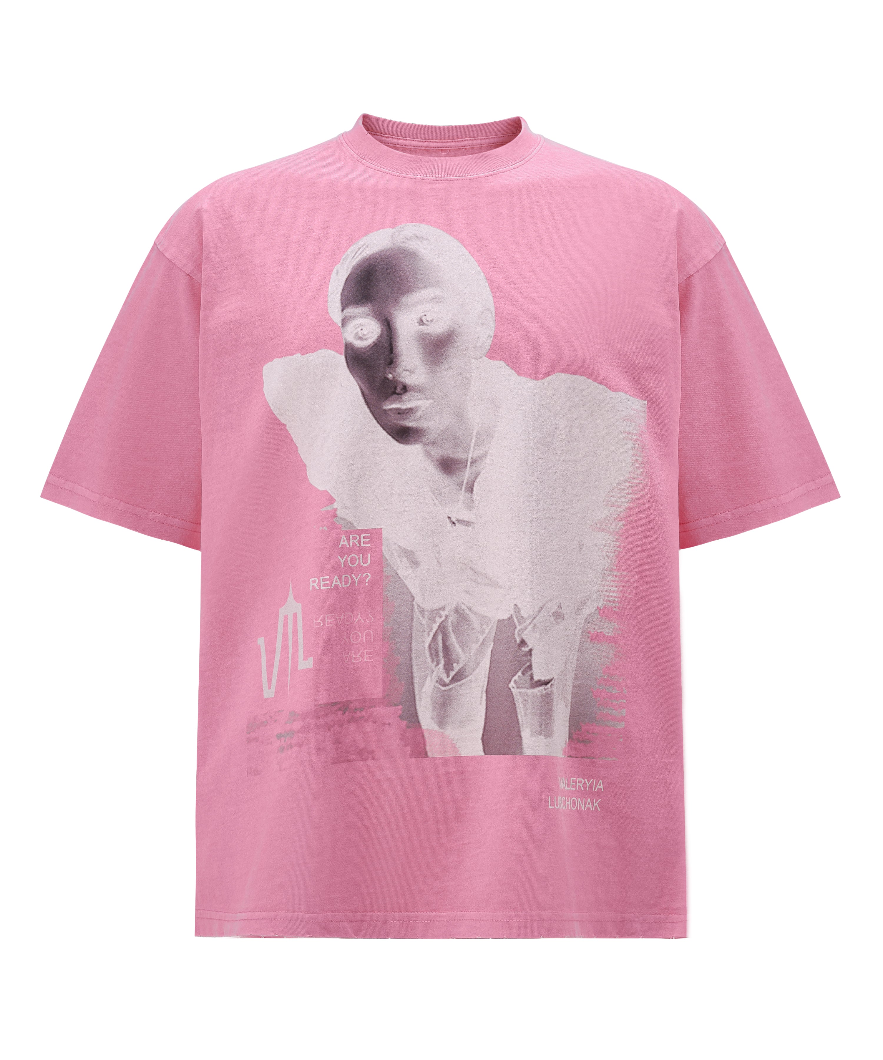 Pink Wash Acid T-shirt, with a print on the front of a lady's face with the Valeryia Lubchonak logo and phrases saying "Are you Ready?