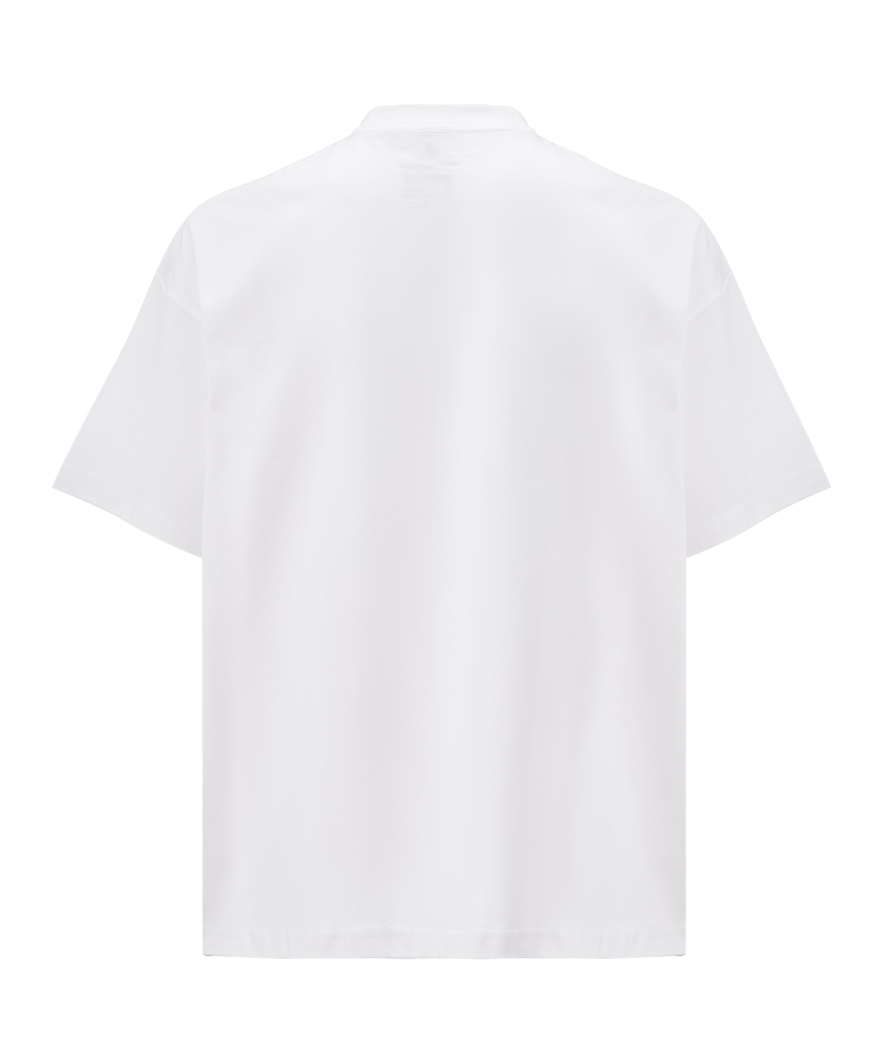 A white t-shirt with the "lubchonak" logo embroidered on the front, viewed from the back.