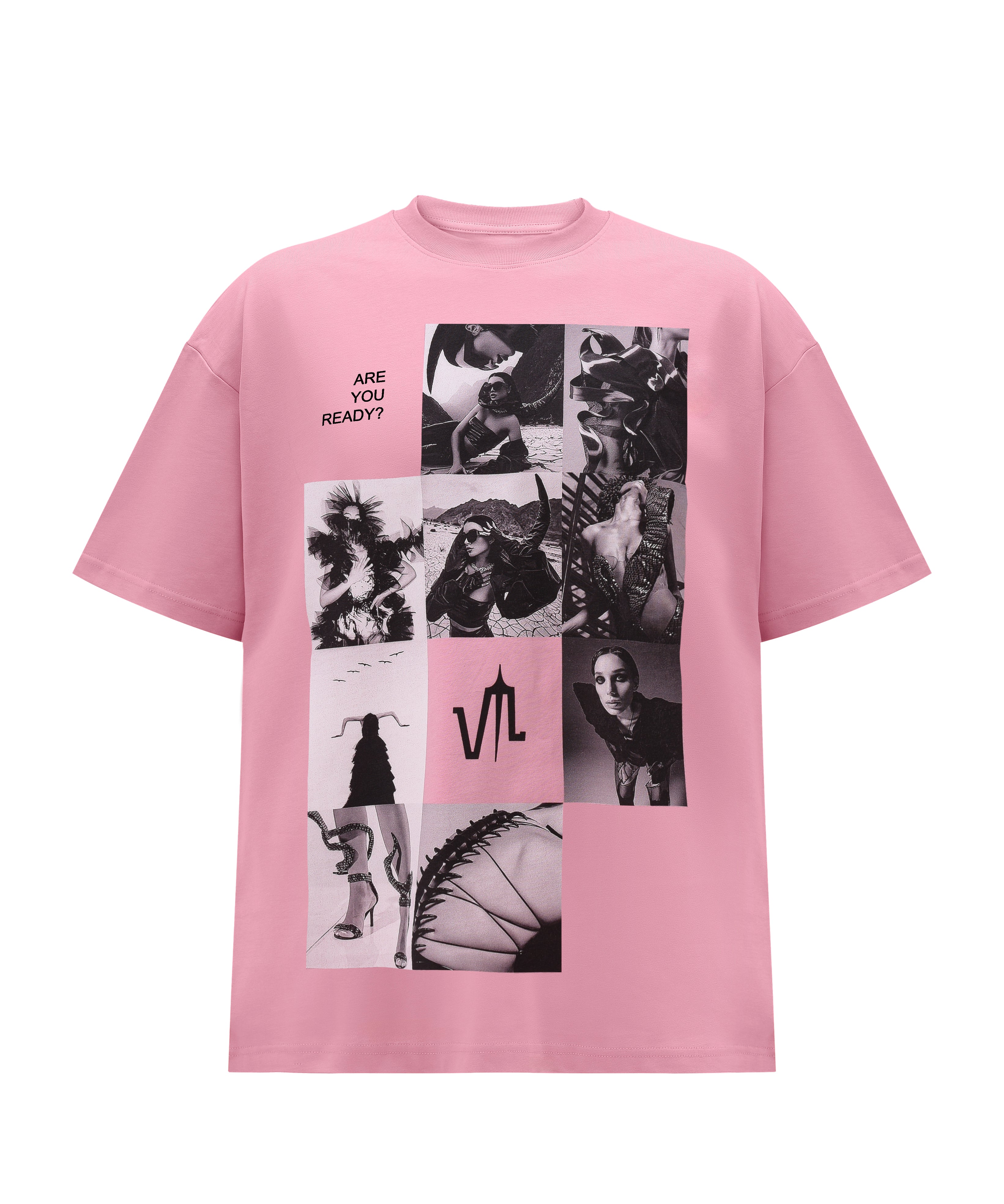 A pink t-shirt, viewed from the front, with a big print of a photo montage and elements of the brand Valeryia Lubchonak,