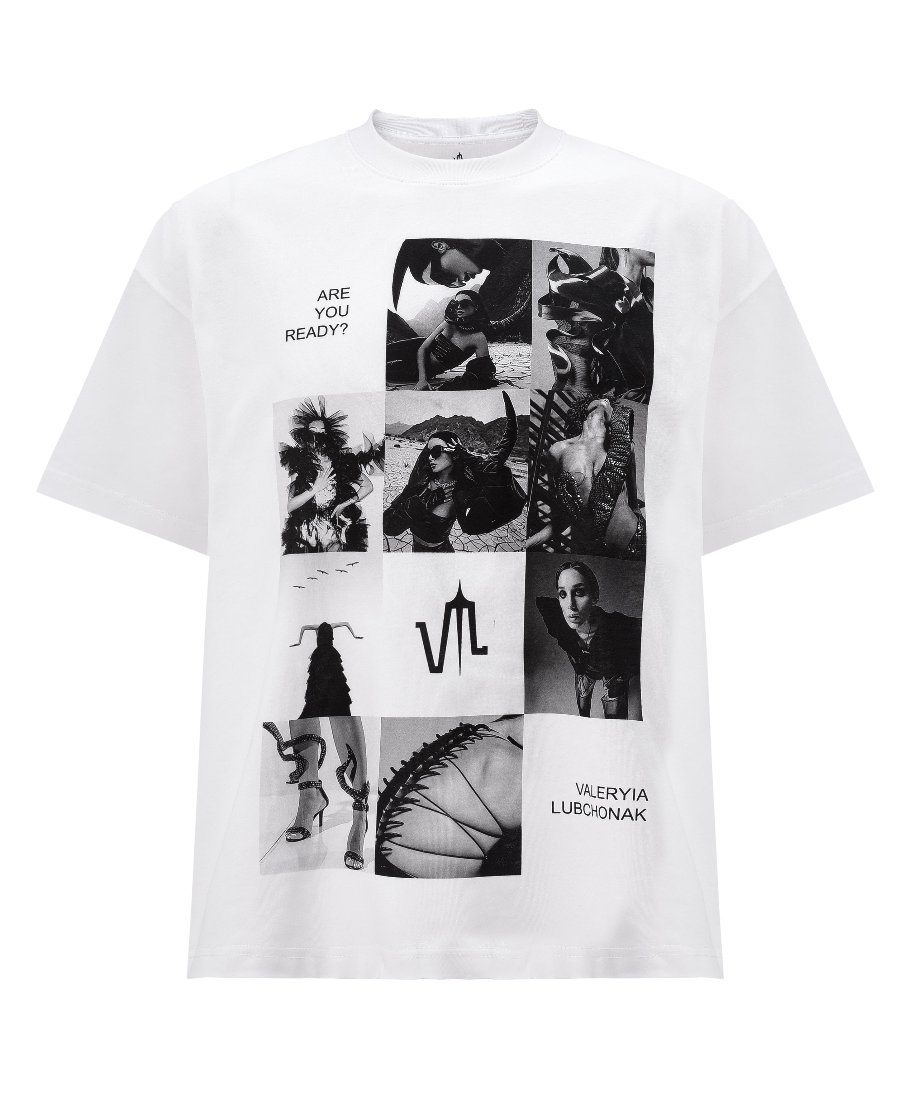 A white colored t-shirt, viewed from the front, with a big print of a photo montage and elements of the brand Valeryia Lubchonak.