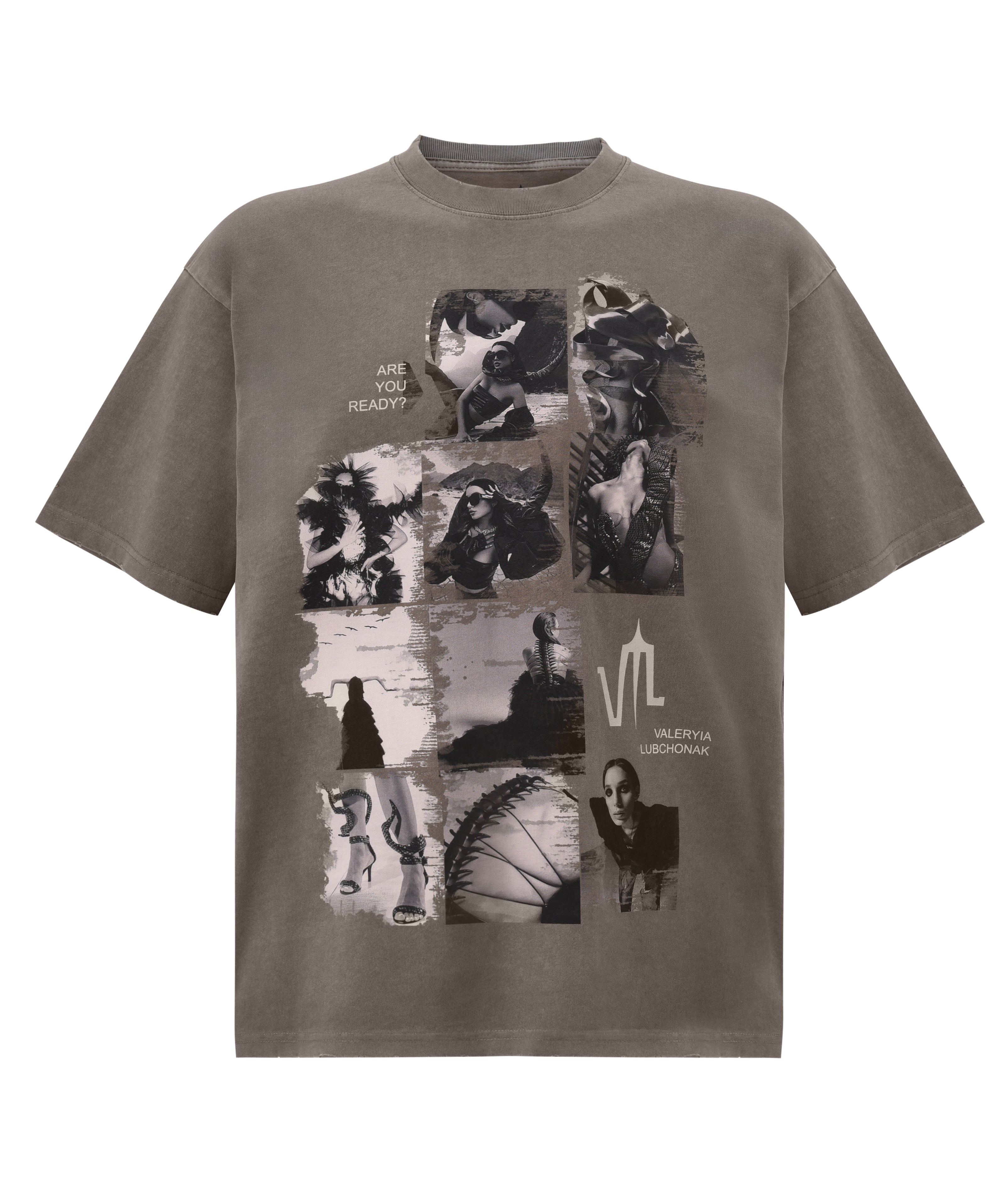 An acid wash copper colored t-shirt, viewed from the front, with a big print of a photo montage and elements of the brand Valeryia Lubchonak.