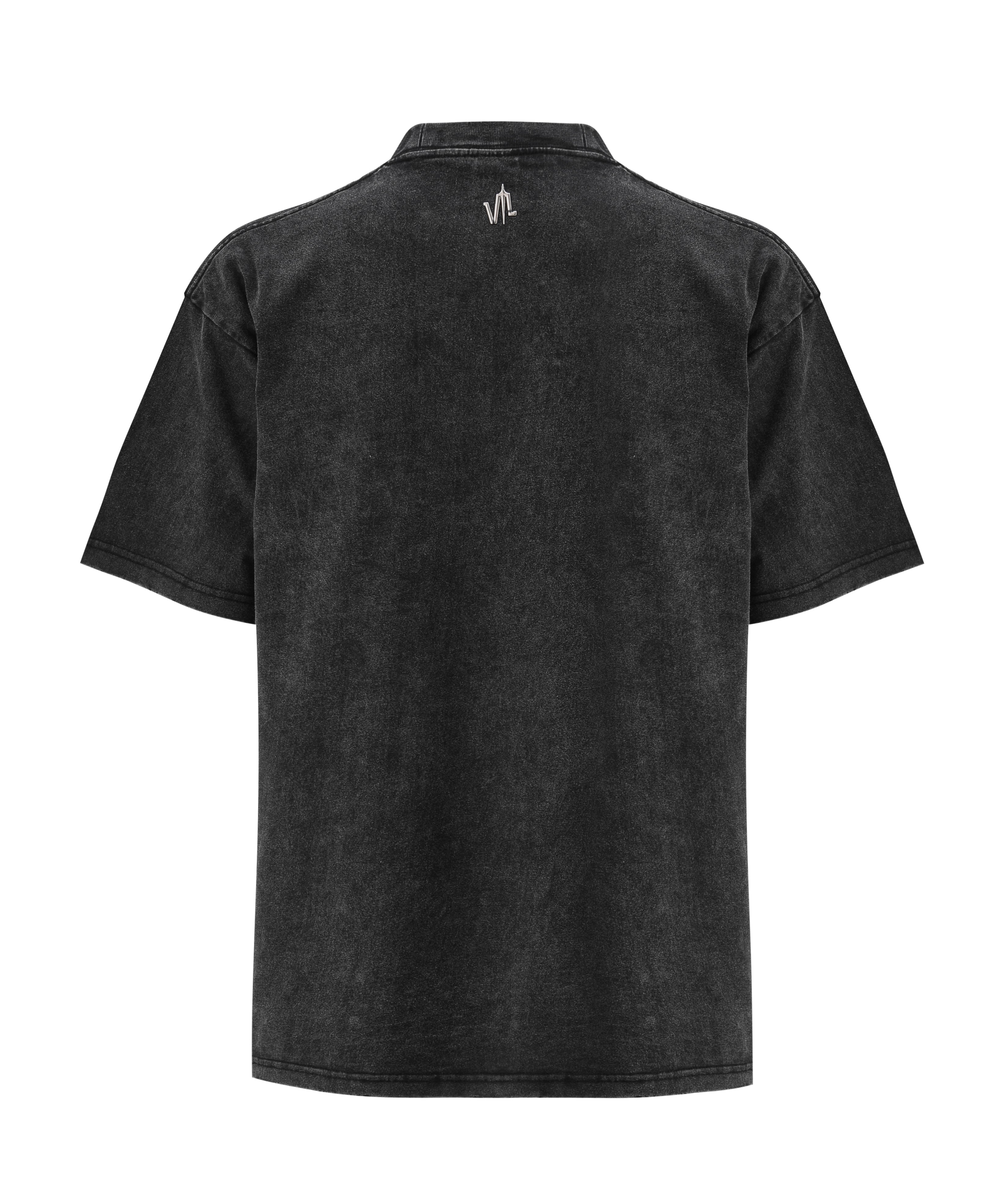 The back of a Black Wash Acid T-shirt, with a metal logo on top 