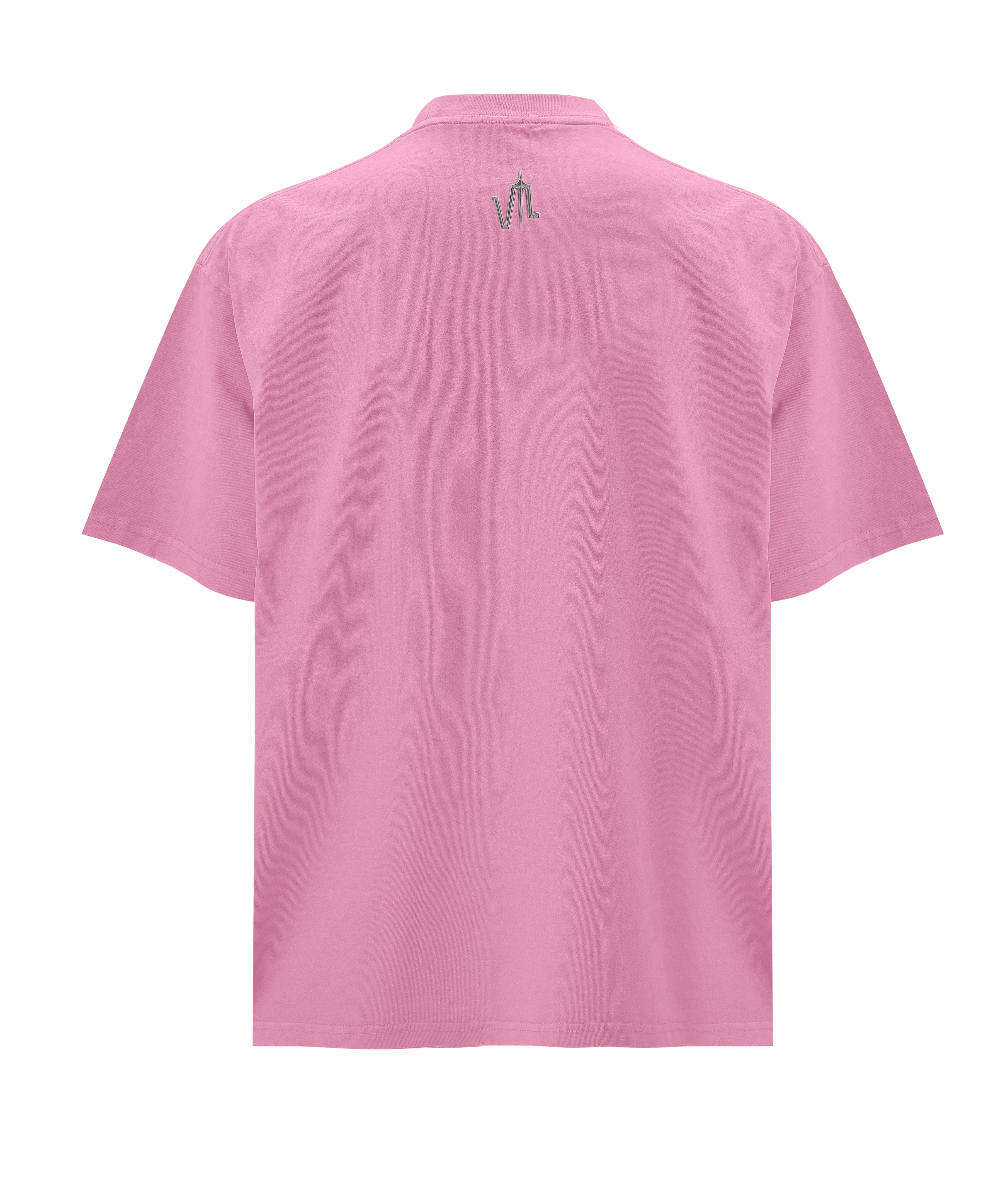 Back of a Pink Wash Acid T-shirt, with a metal logo on the top 