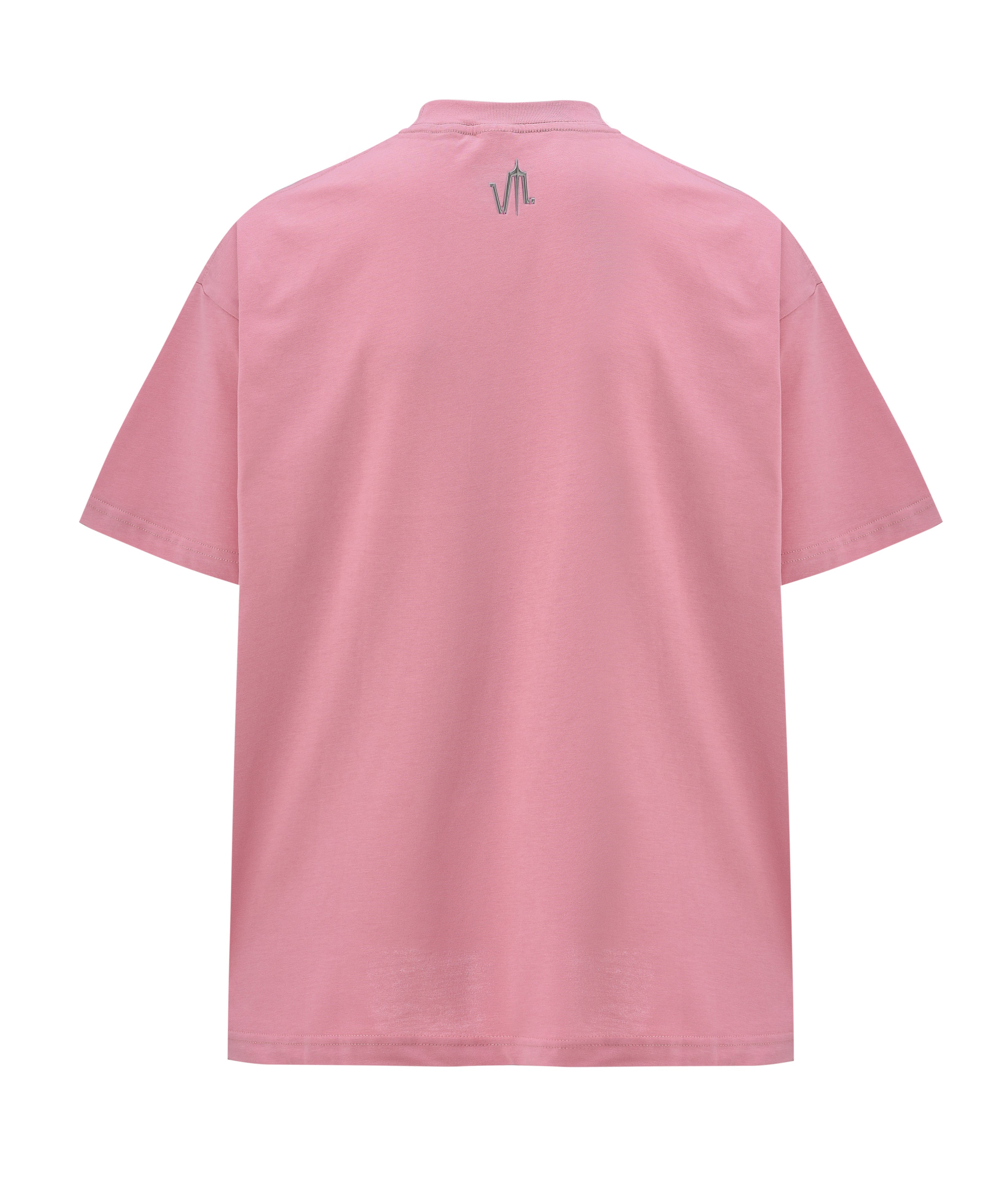 A pink t-shirt, viewed from the back, with a big print of a photo montage and elements of the brand Valeryia Lubchonak,