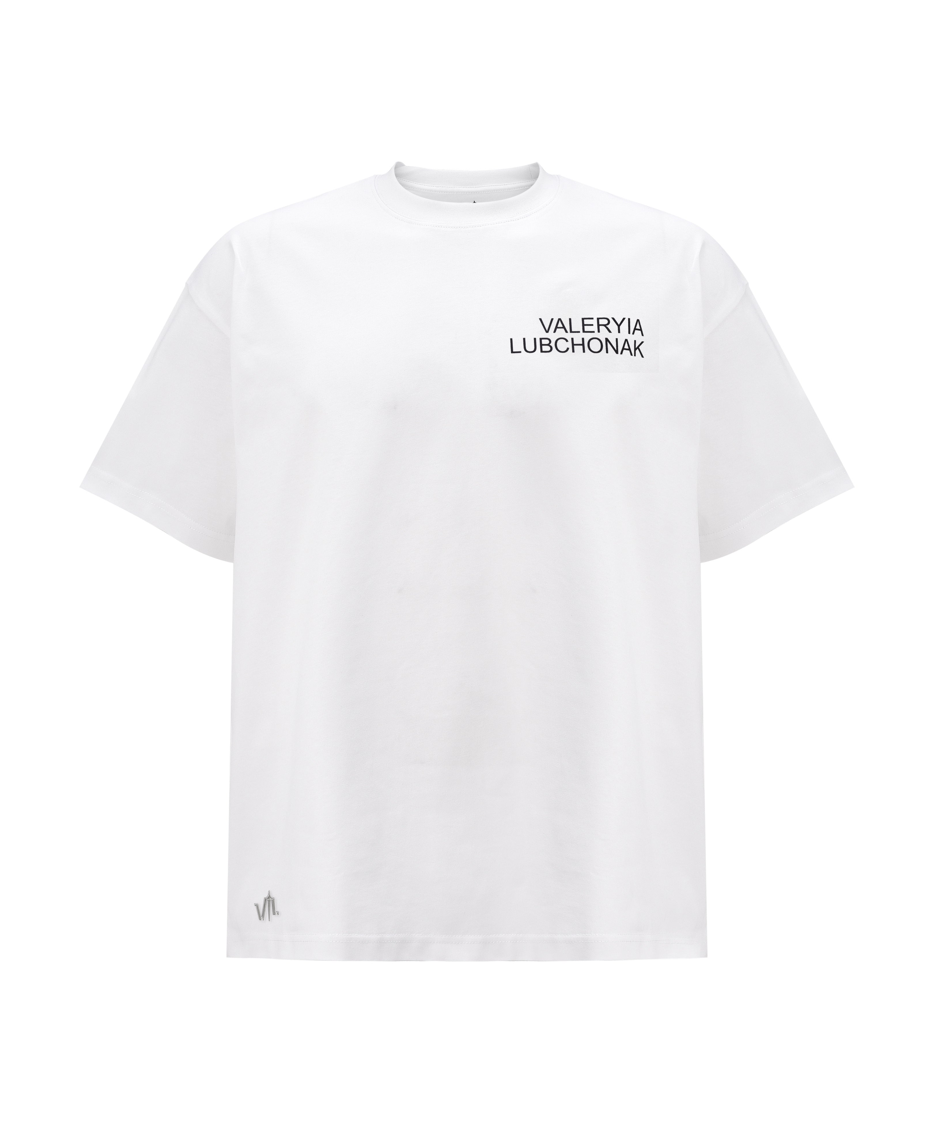 A white t-shirt with the words "Valeryia Lubchonak" on the left part of the top of the chest, and the "Lubchonak" logo on the bottom corner.